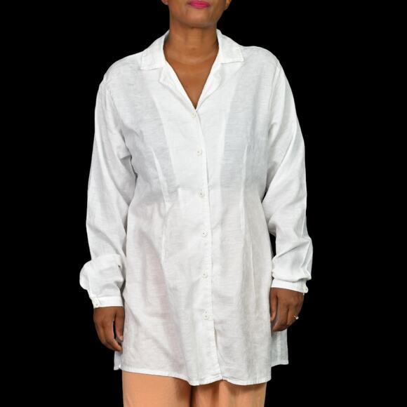 Vintage Flax Cotton Shirt White Collar Button Down Oversized Jacquard Medium - Picture 1 of 13